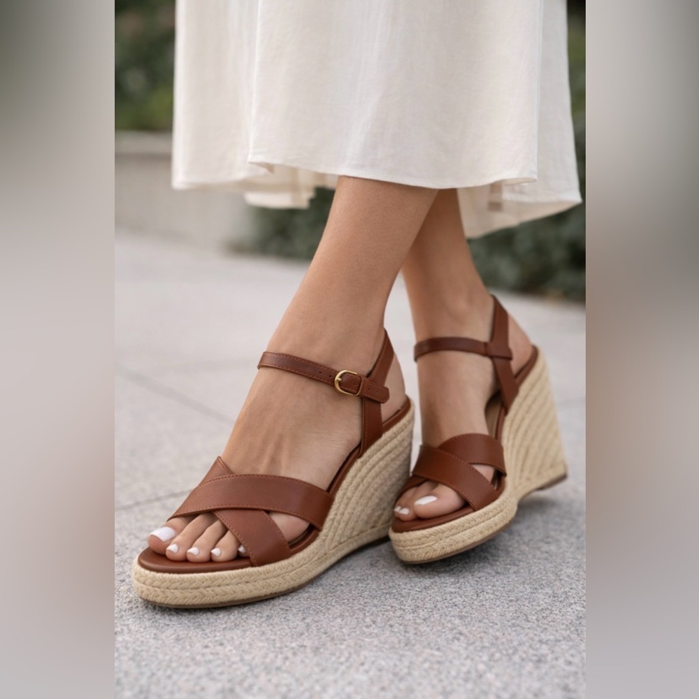 J. Crew Women’s Leather Sandals Brown Cross-Strap Wedges